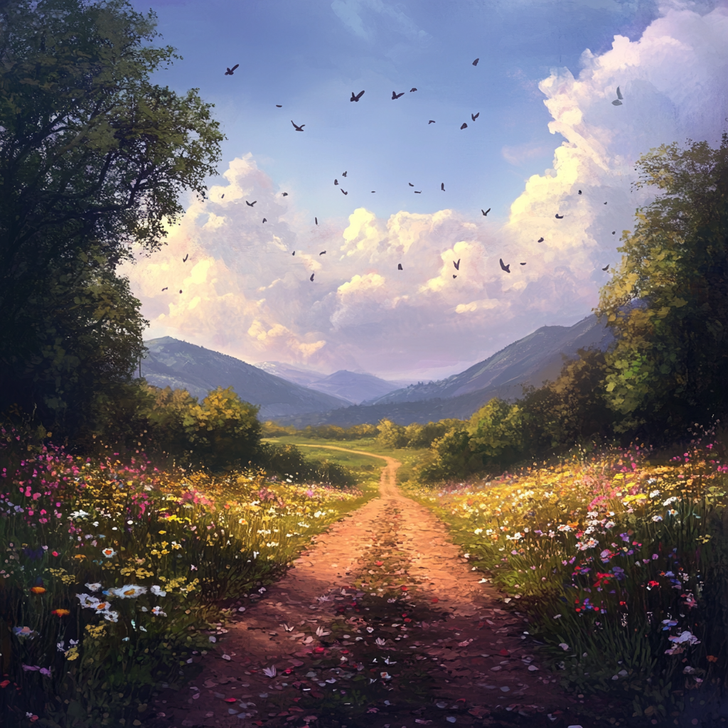 Fantasy world with empty road, flowers, forest, birds.