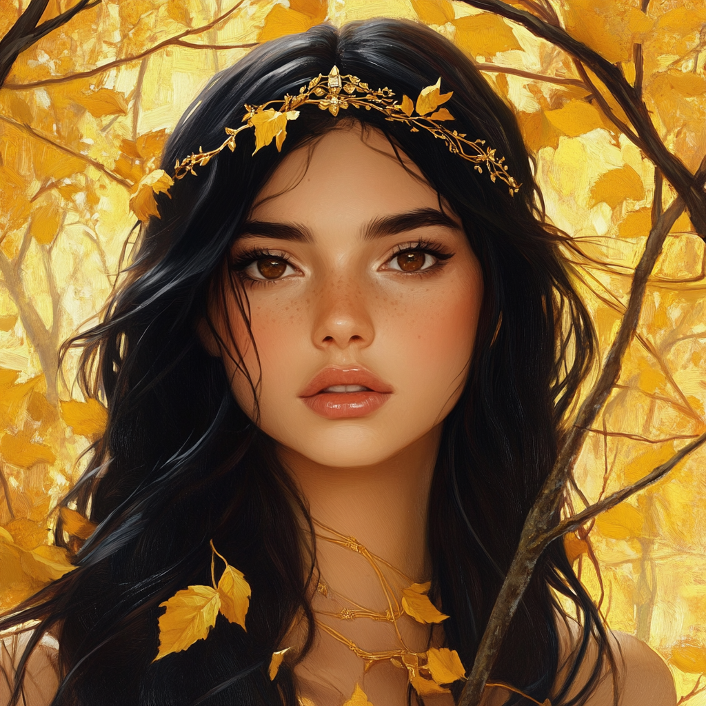 Fantasy young woman in Egyptian jewelry autumnal environment