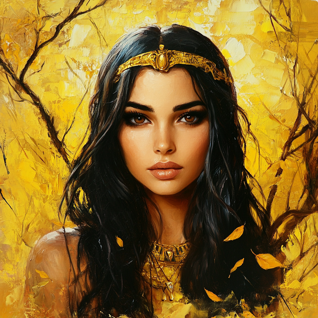 Fantasy young woman in golden Egyptian jewelry, autumn leaves, oil paint - v 6.1