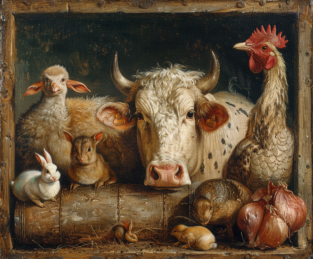 Farm with animals in painting: cow, pig, chicken