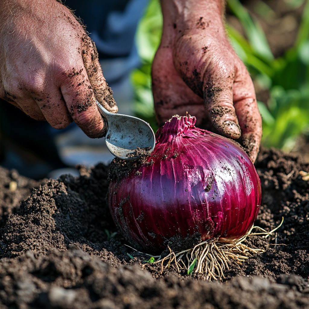 Farmer digs around big red onion with spoon.