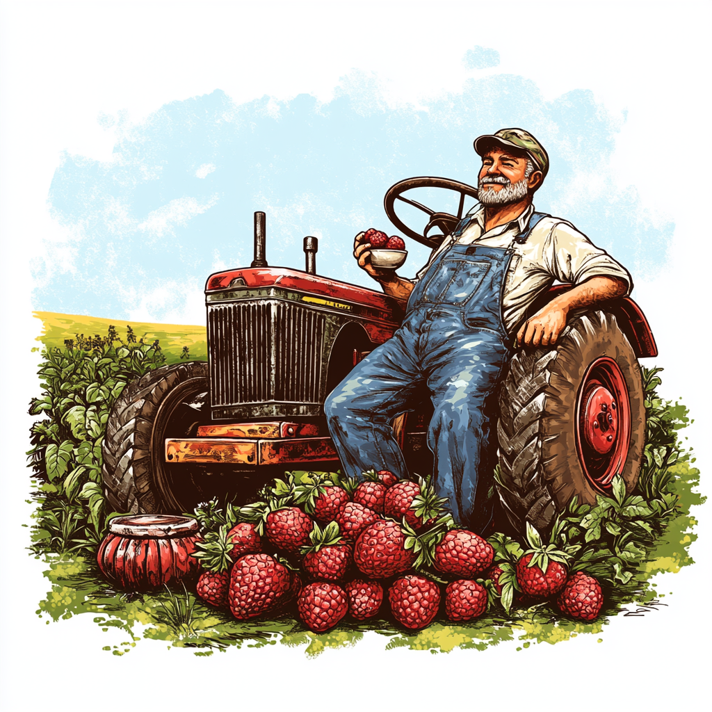 Farmer enjoying fresh strawberries, raspberries, and cherry tomatoes by tractor.