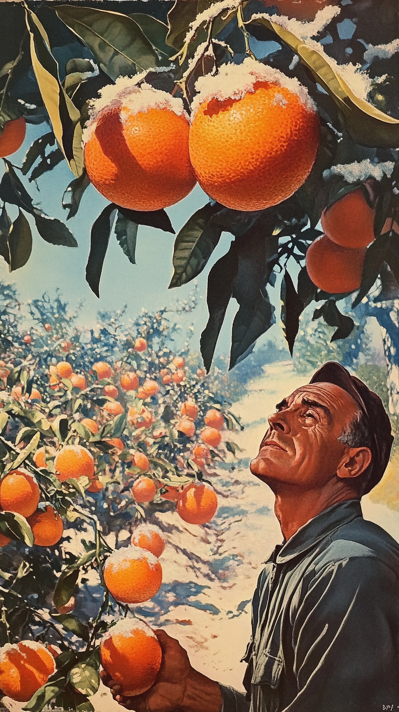 Farmer inspects frosted orange on tree with concern.