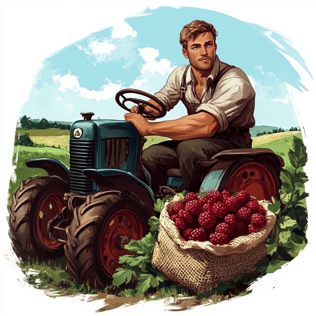 Farmer logo with tractor, raspberries, and green fields.