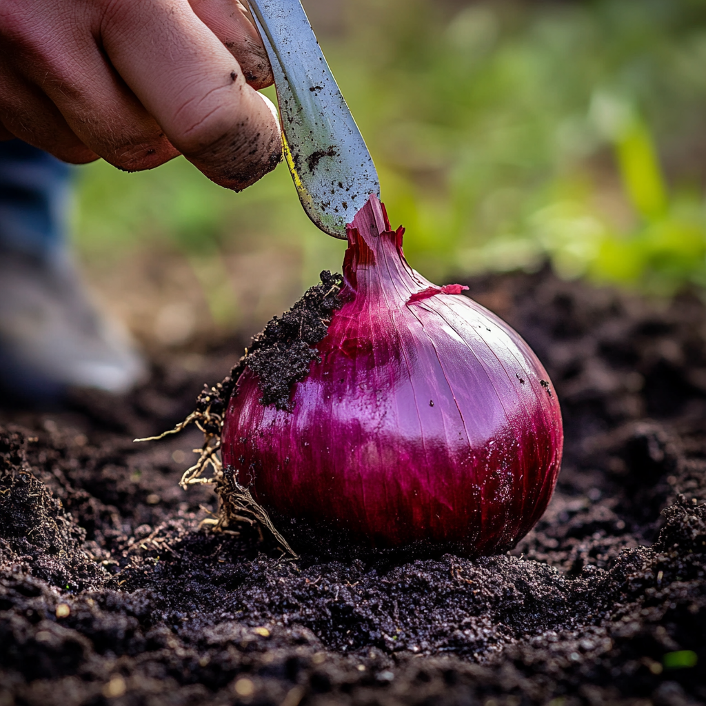 Farmer removes soil around big red onion with spoon.