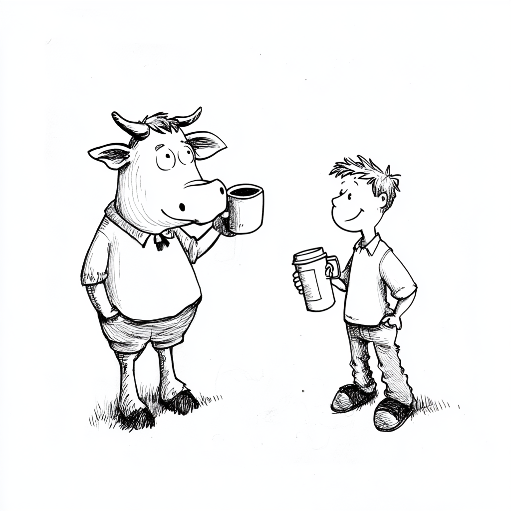 Farmer talks to cow, holding coffee mug