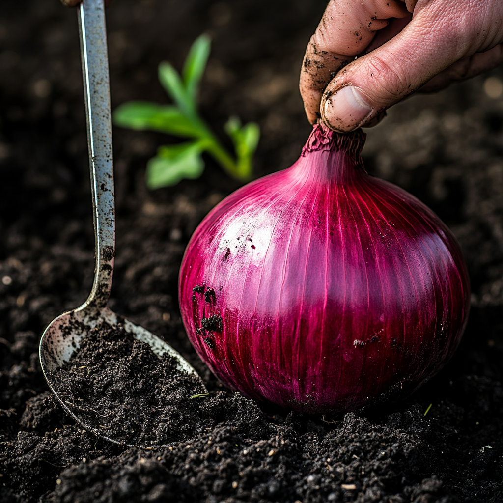 Farmer uses spoon to remove soil from onion.