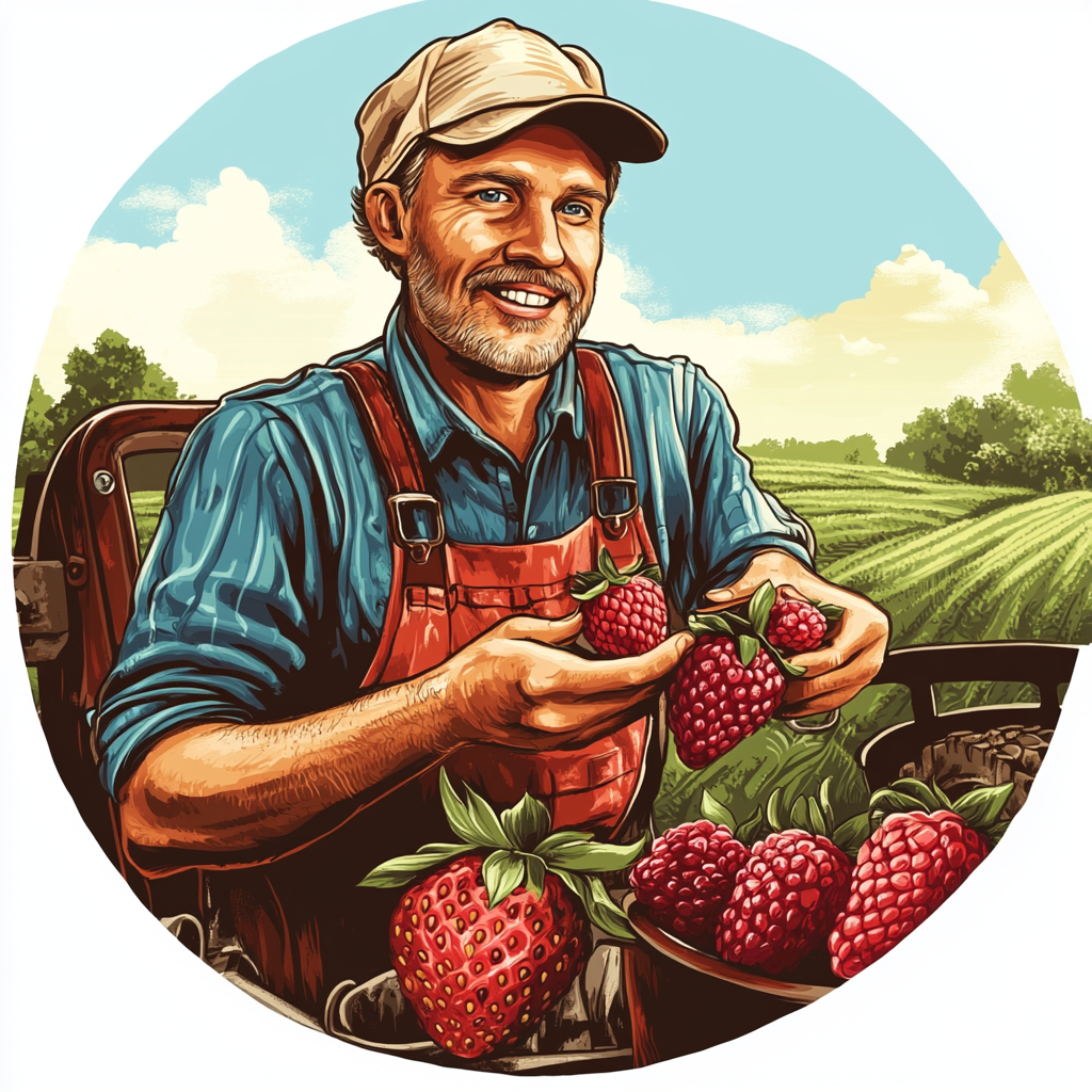 Farmer with berries standing near tractor in field.