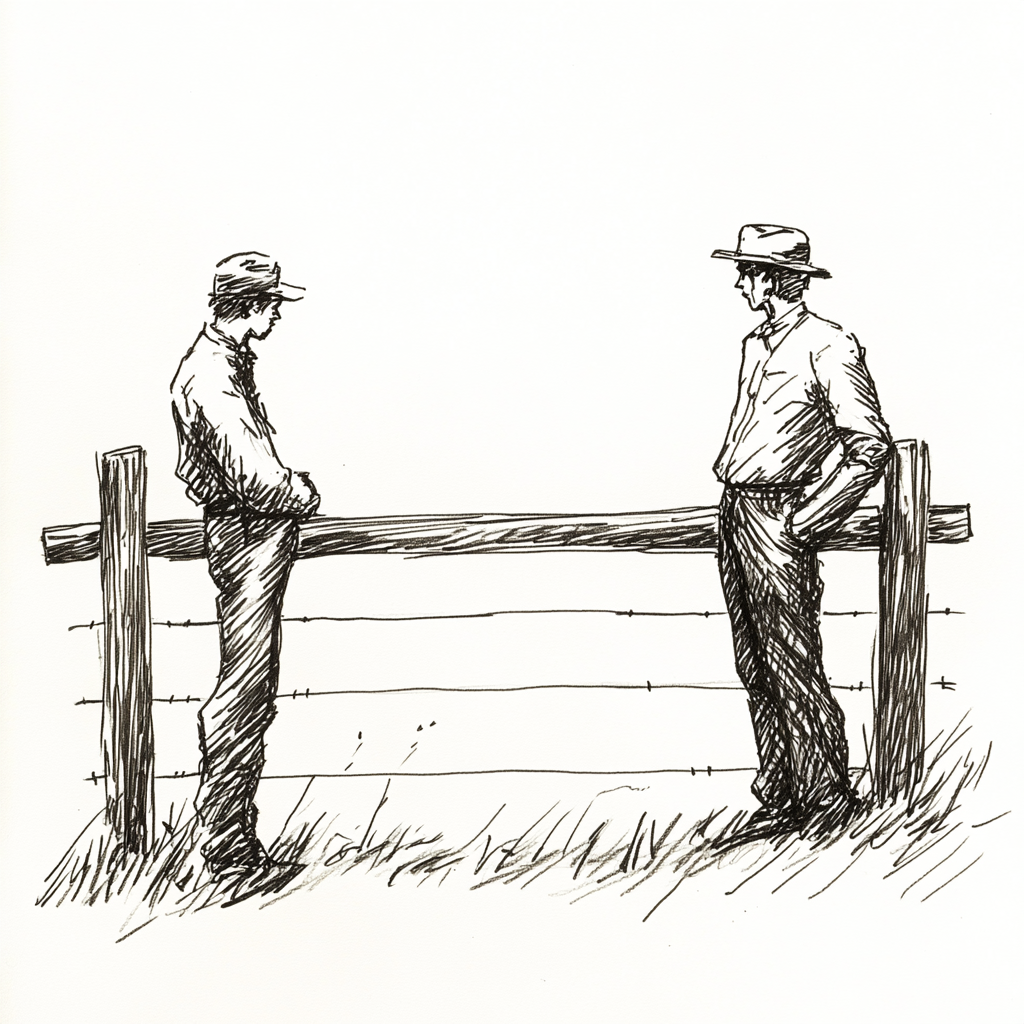 Farmers Talk Over Fence: Minimalist Child's Black & White Drawing