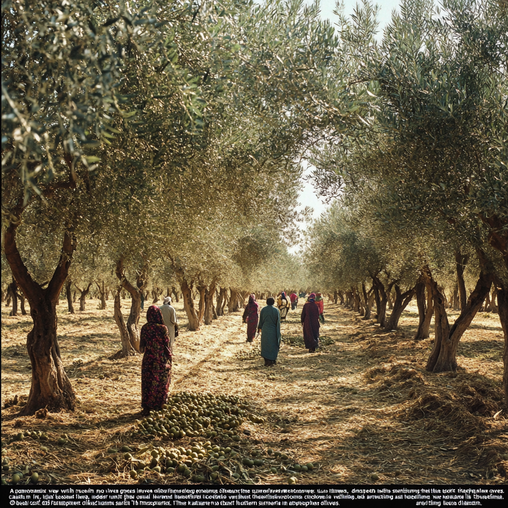 Farmers harvesting olives in lush Iranian grove