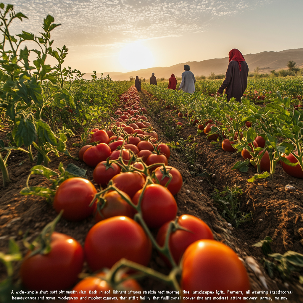 Farmers in Iran picking ripe red tomatoes at dawn