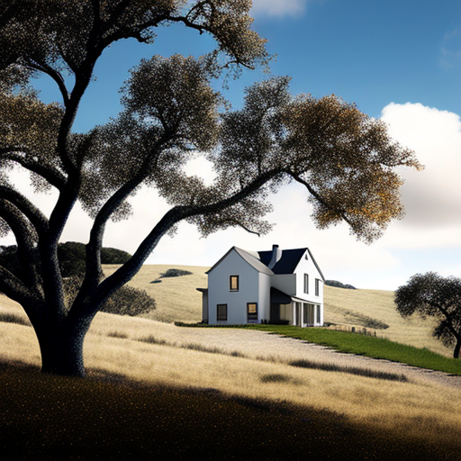 Farmhouse in San Francisco Bay Area hills during midday.