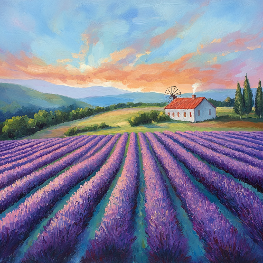 Farmhouse nestled among lush lavender fields under colorful sky.