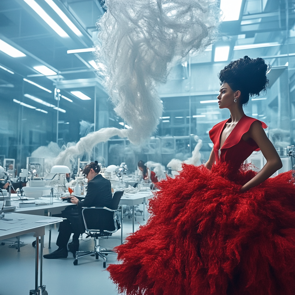 Fashion Designers Creating Wool Coat in Futuristic Workspace