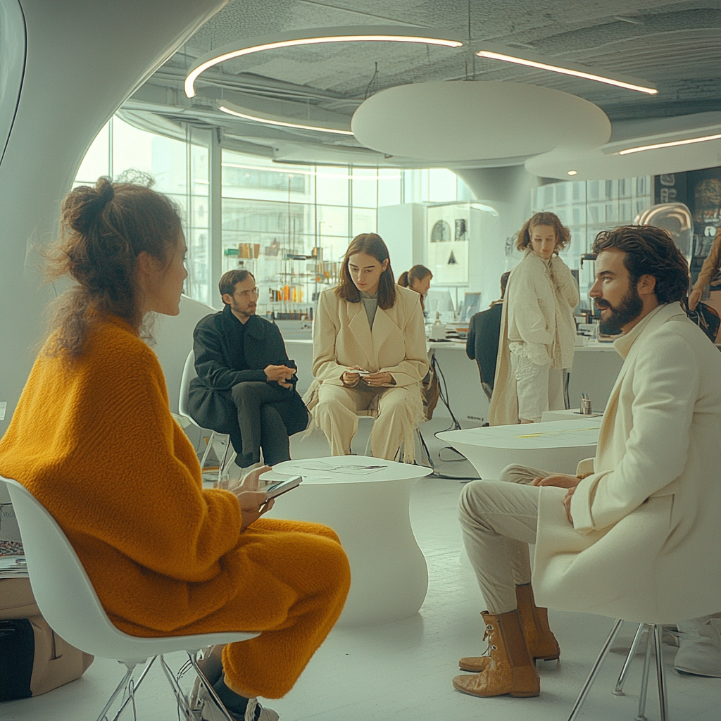 Fashion Designers Enchant Wool Coat in Modern Workspace