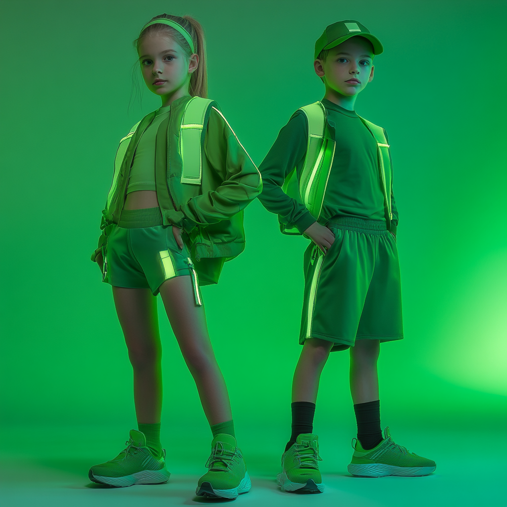 Fashion-forward 4K photo of kids in luxe sportswear.