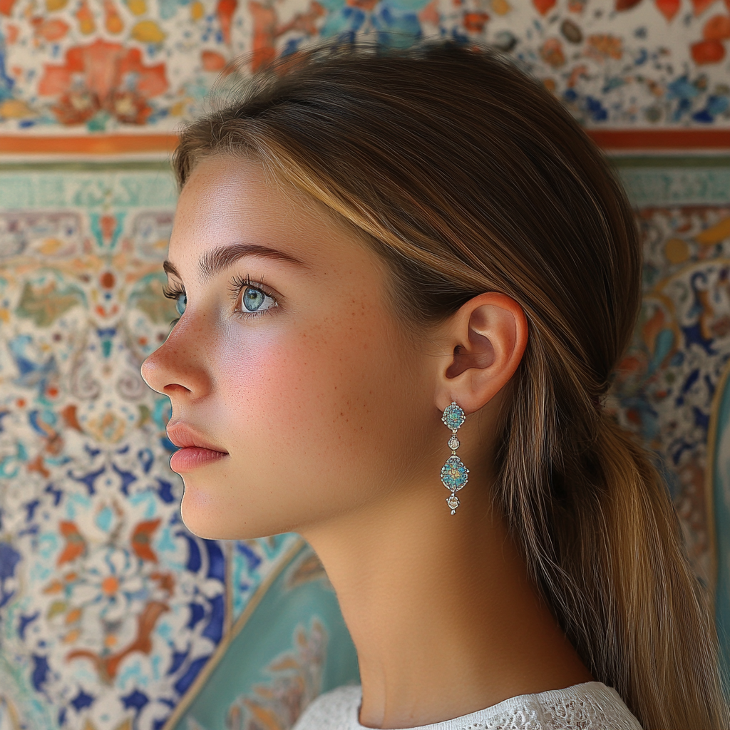 Fashion model in elegant jewelry, surreal background.