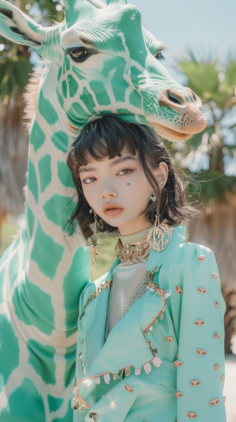 Fashion model in mint green with giraffe backdrop.