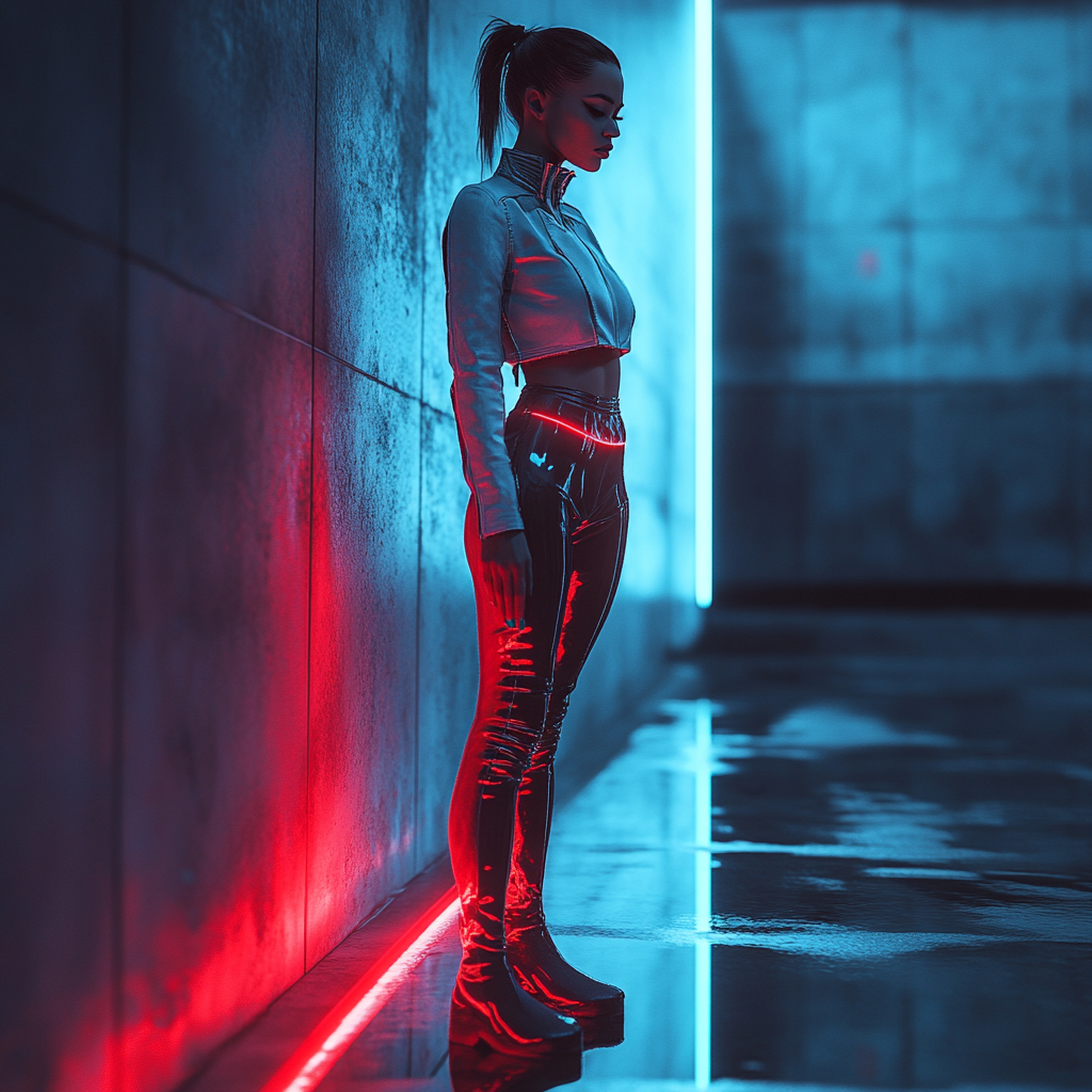 Fashion model in urban setting, futuristic attire, bold lighting.