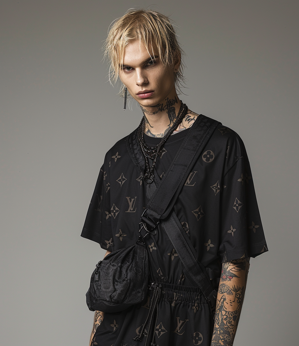 Fashion model with black tattoos in Louis Vuitton.