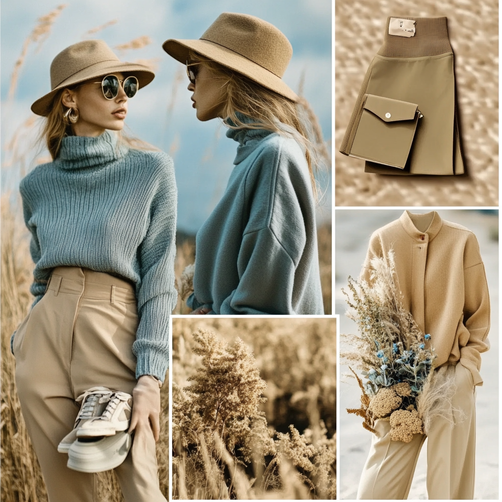 Fashion mood board for golf clothing brand featuring blues, tans, and light greens.