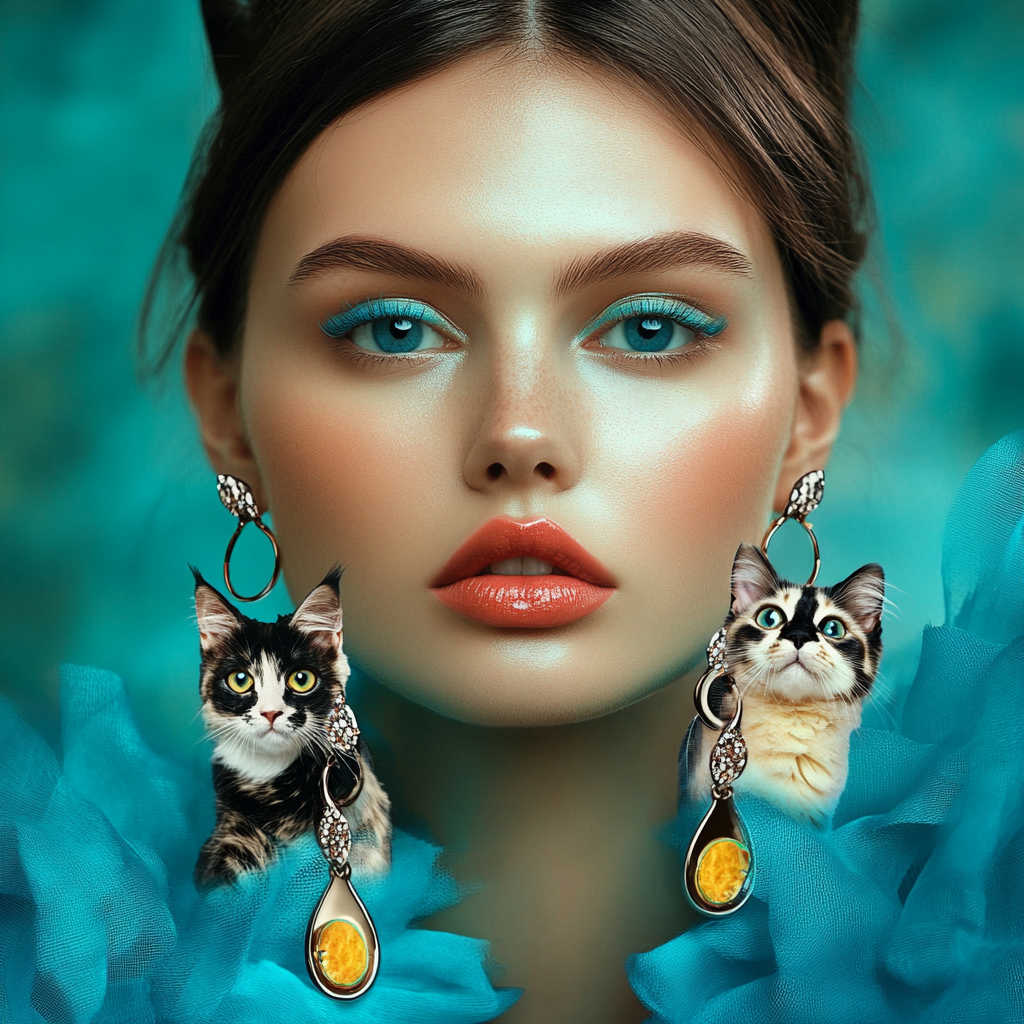 Fashion photo of model wearing cat earrings, bright colors