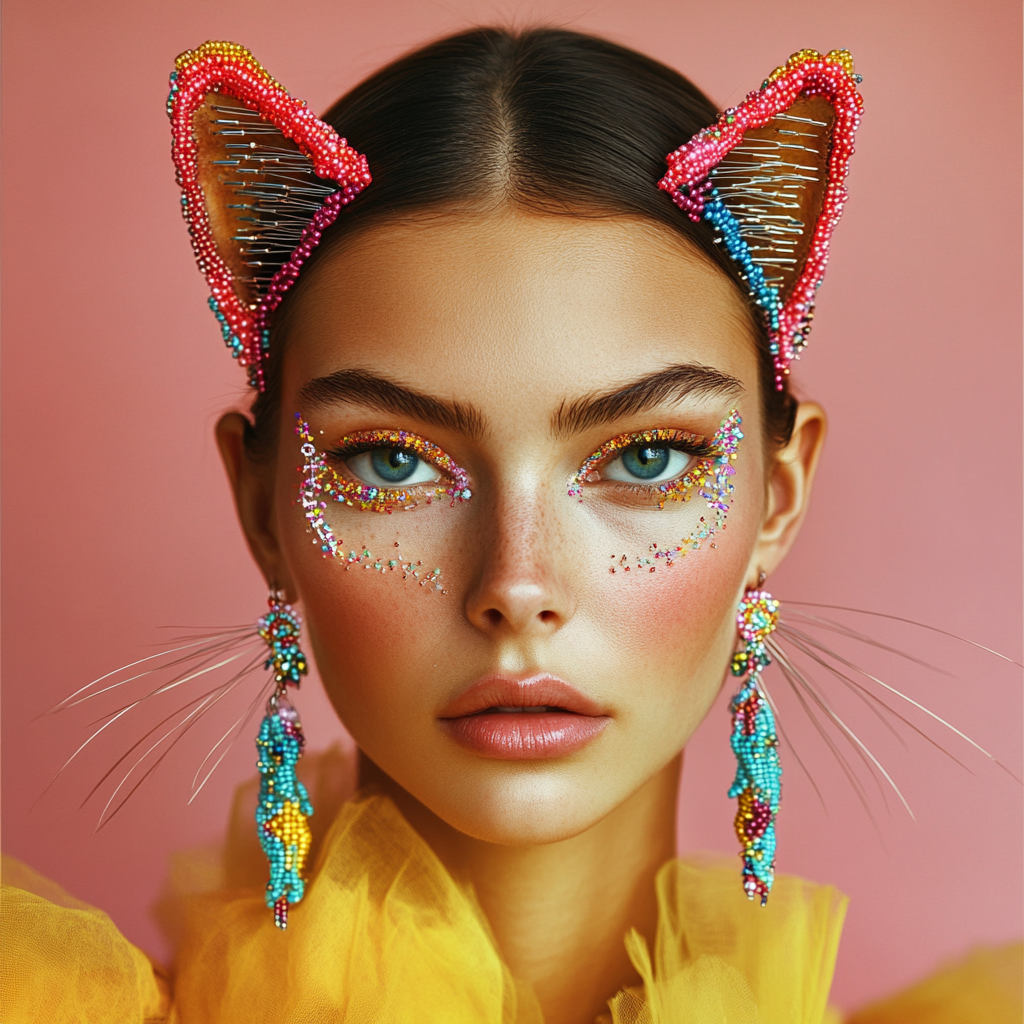 Fashion photo with model showcasing beaded cat earrings beautifully.