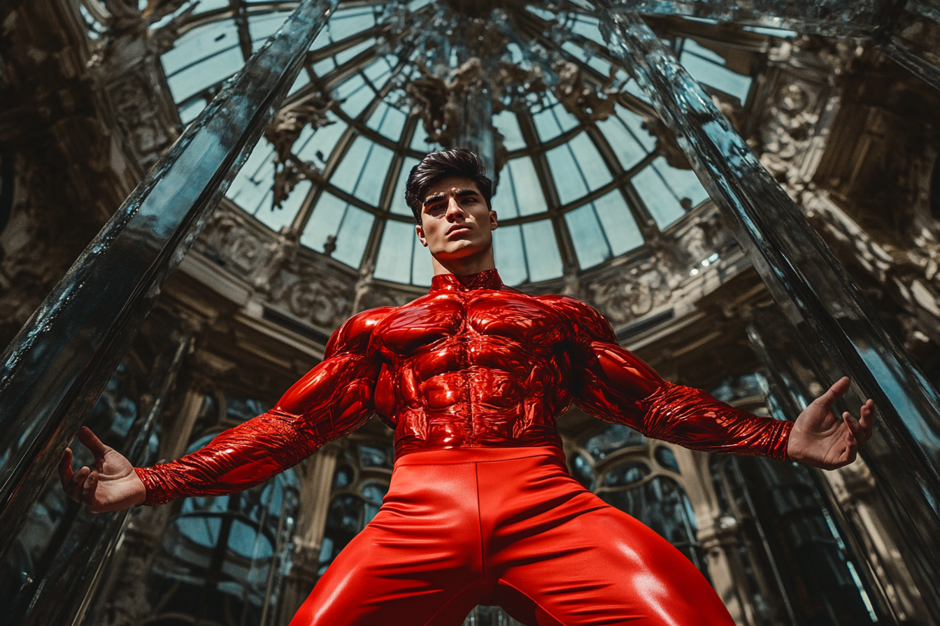 Fashion photoshoot of muscular model man in red suit.