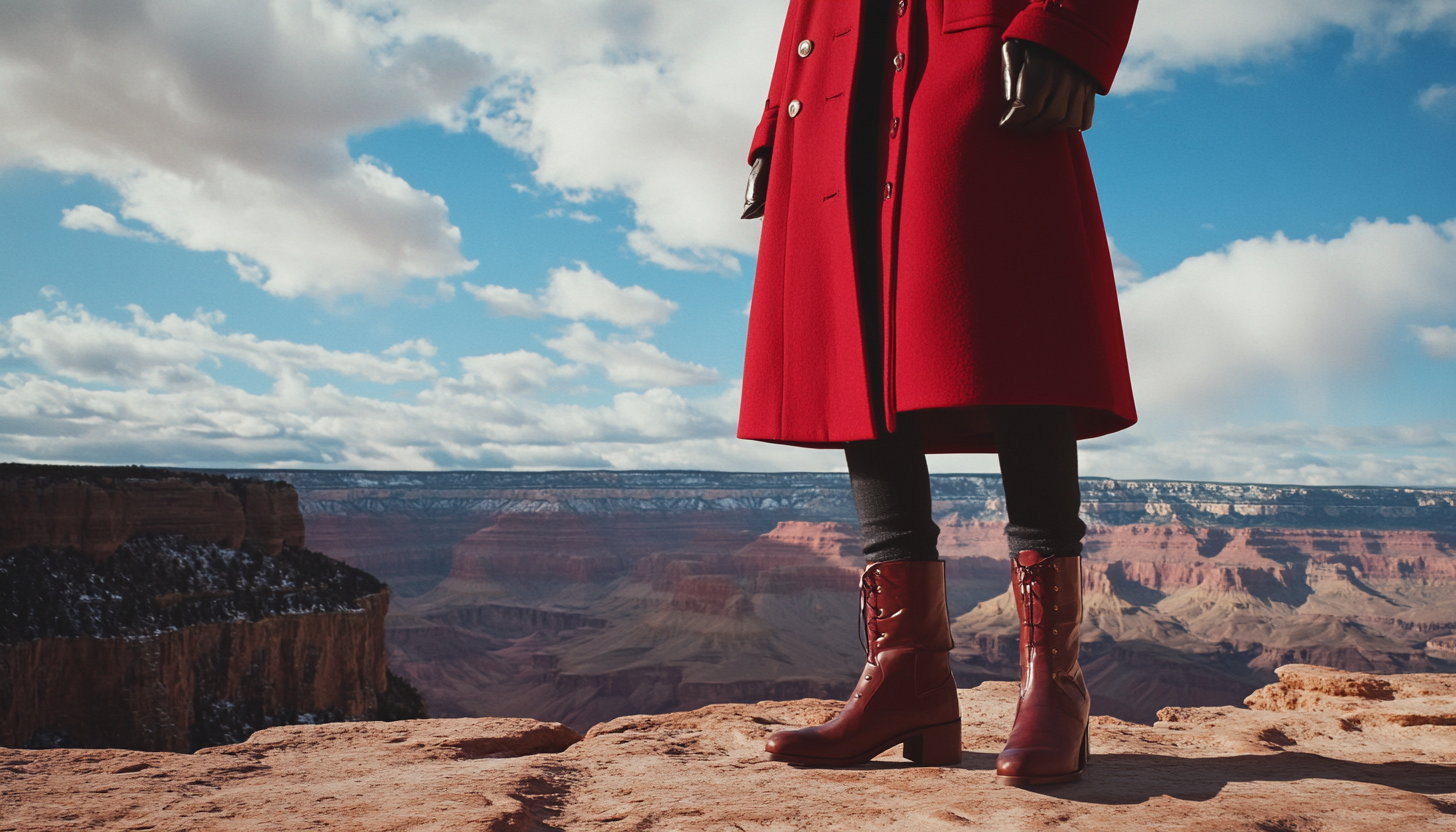 Fashion shoot: Female lawyer in winter coat at Grand Canyon