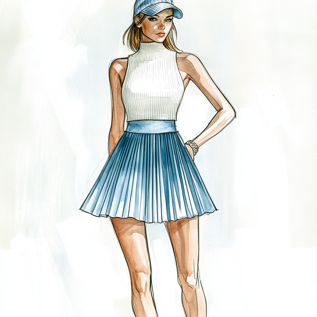 Fashion sketch of a woman wearing light blue skirt.