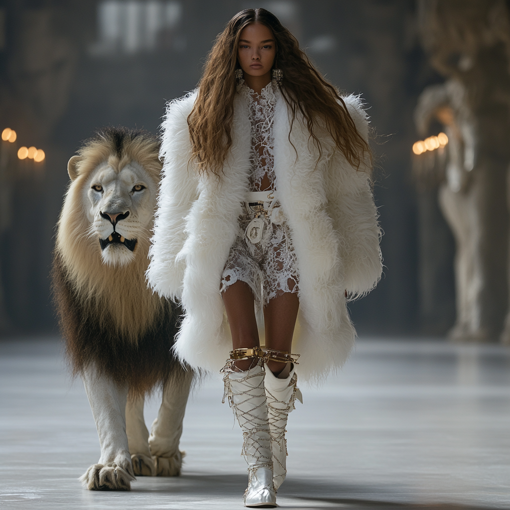 Fashion week 2030s: model in lacy jacket, leather boots.