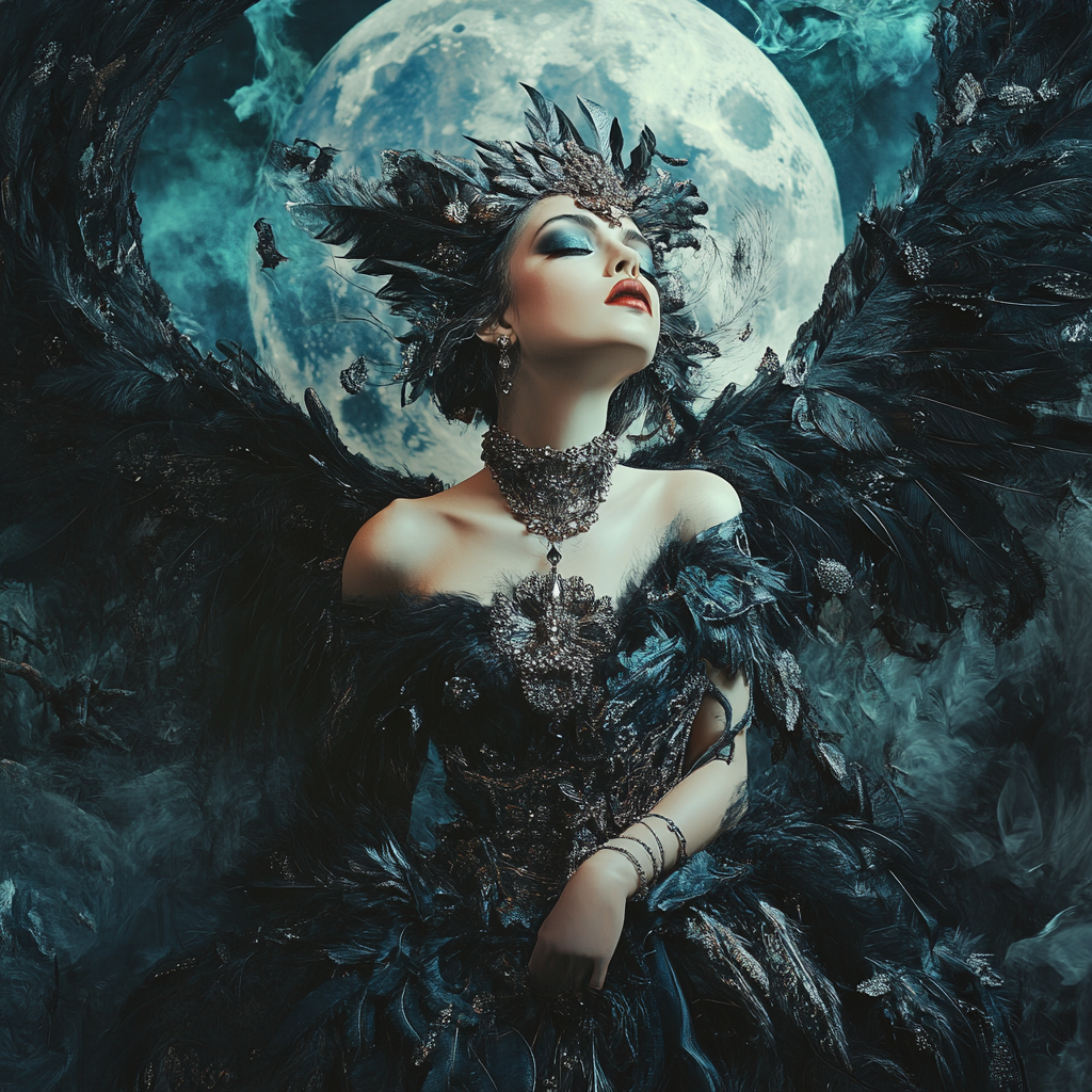 Fashion witch in feathered dress, eerie surrealism backdrop.