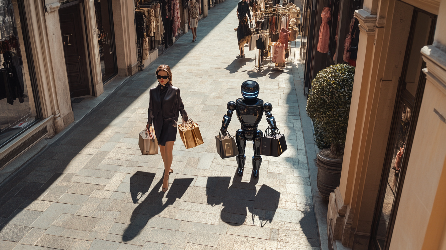 Fashion woman with robot and luxury shopping bags outdoors.