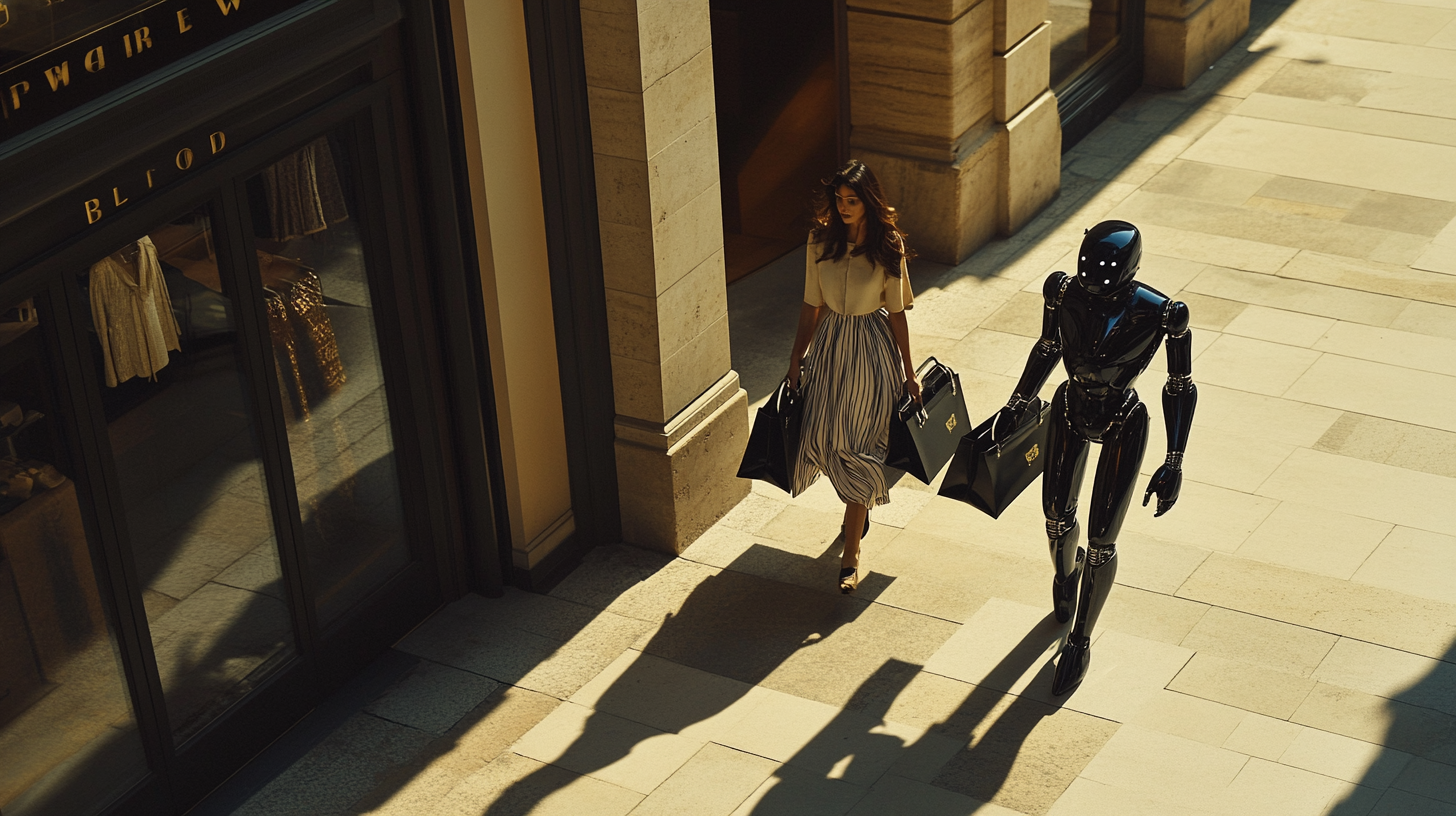 Fashion woman with robot carrying Hermes bags in Milan.