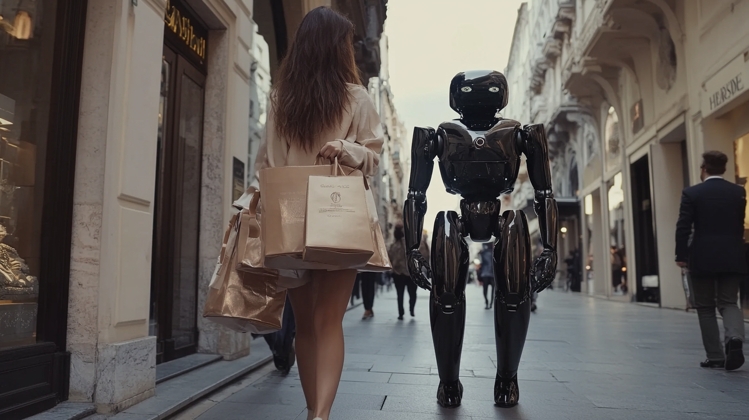 Fashion woman with robot carrying Hermes bags on sidewalk.