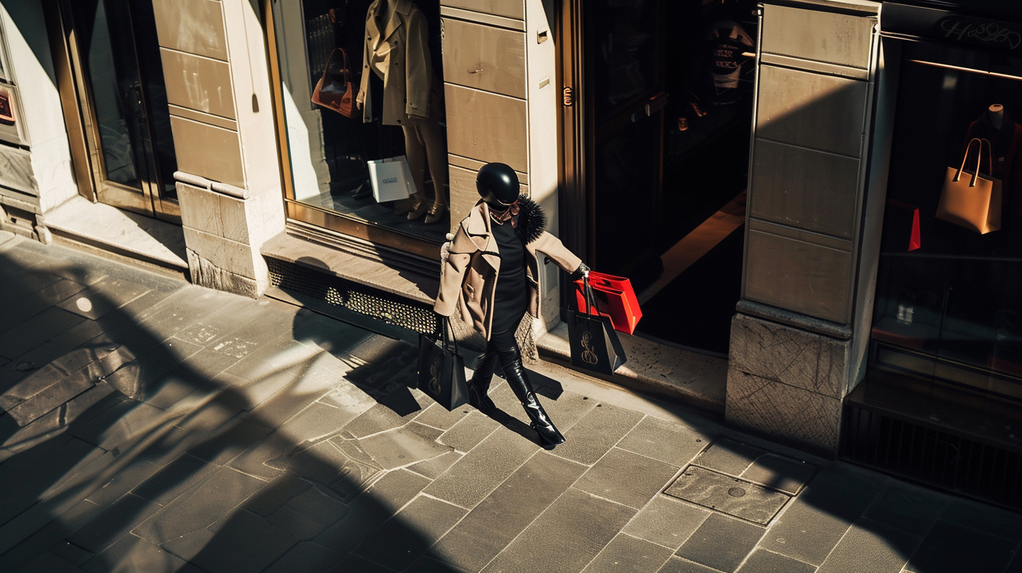 Fashion woman with robot shopping on Montenapoleone sidewalks, cinematic.