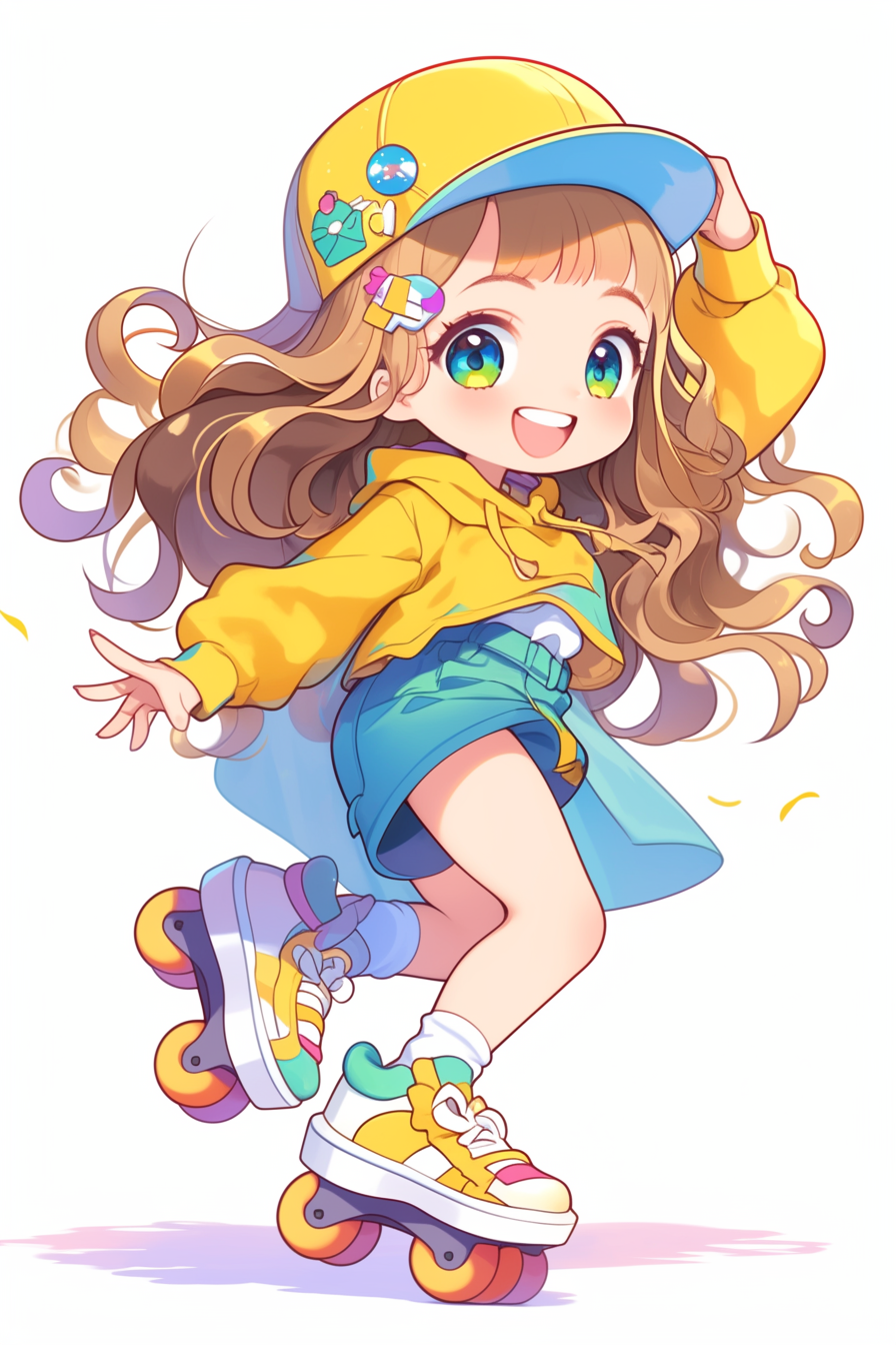 Fashionable Roller Skating Girl Poses in Kawaii Style