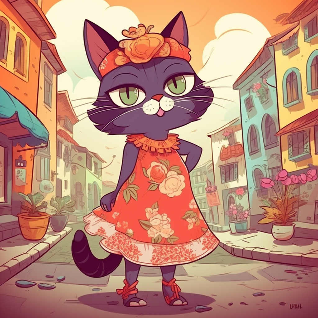 Fashionable cat in floral dress on colorful Venezuelan street.