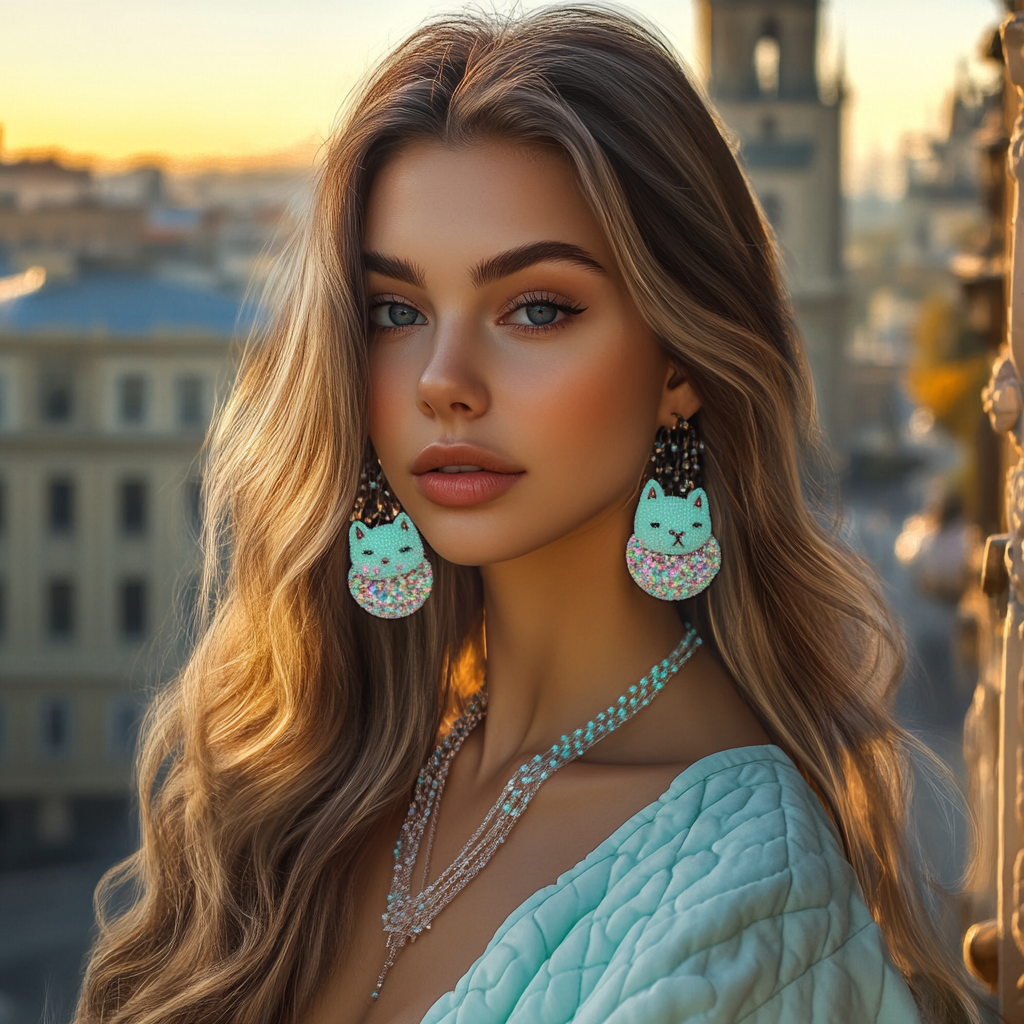 Fashionable girl with dark blonde hair and quirky accessories.