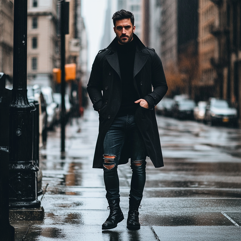 Fashionable man in black trenchcoat, turtleneck, skinny jeans. Staring.