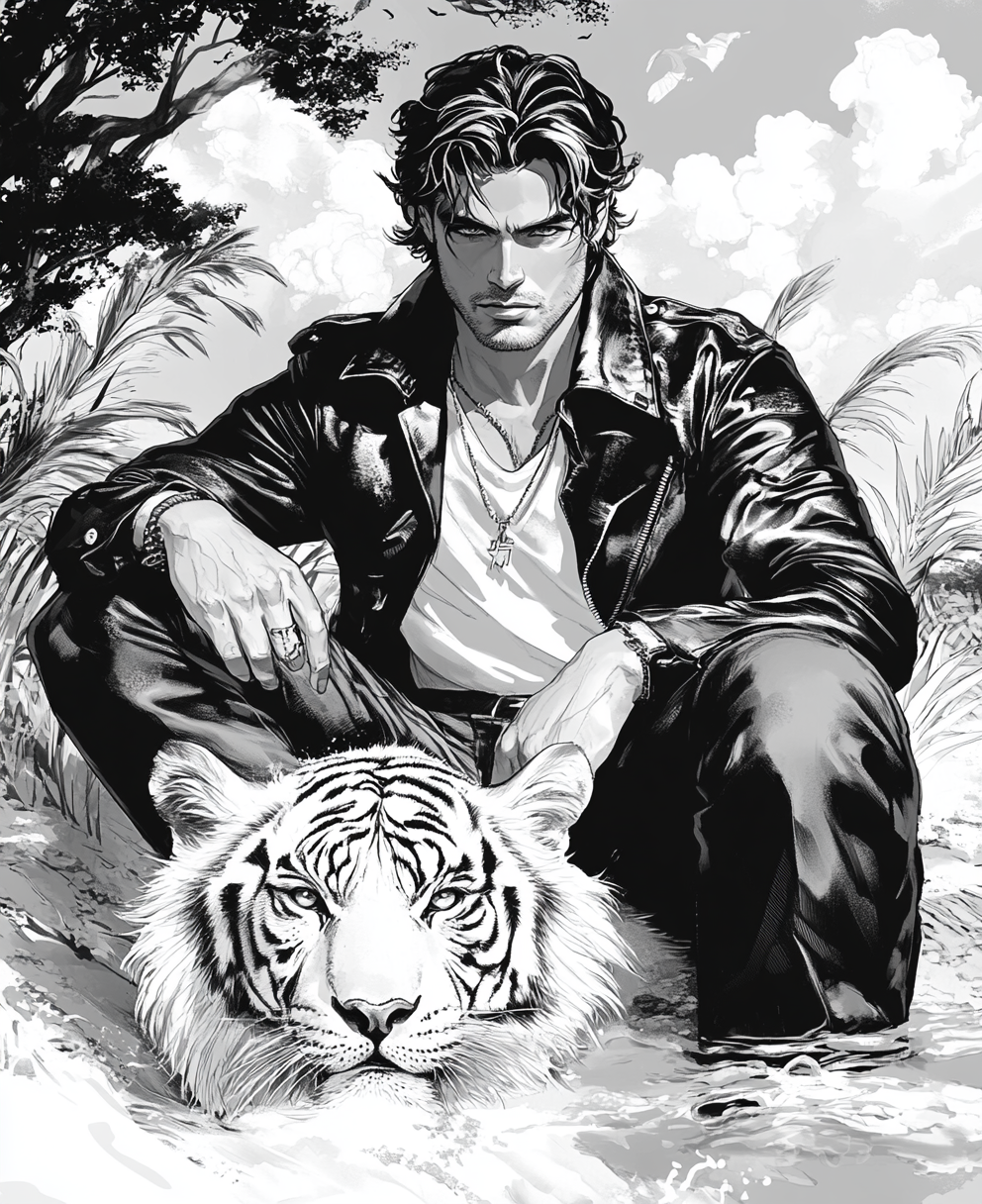 Fashionable man in leather jacket on beach with tiger.