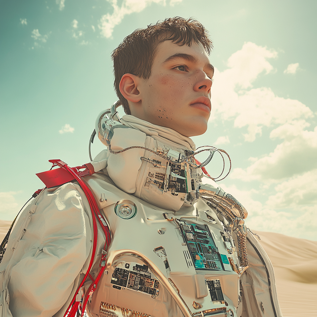 Fashionable man model on desert planet in electronics outfit.