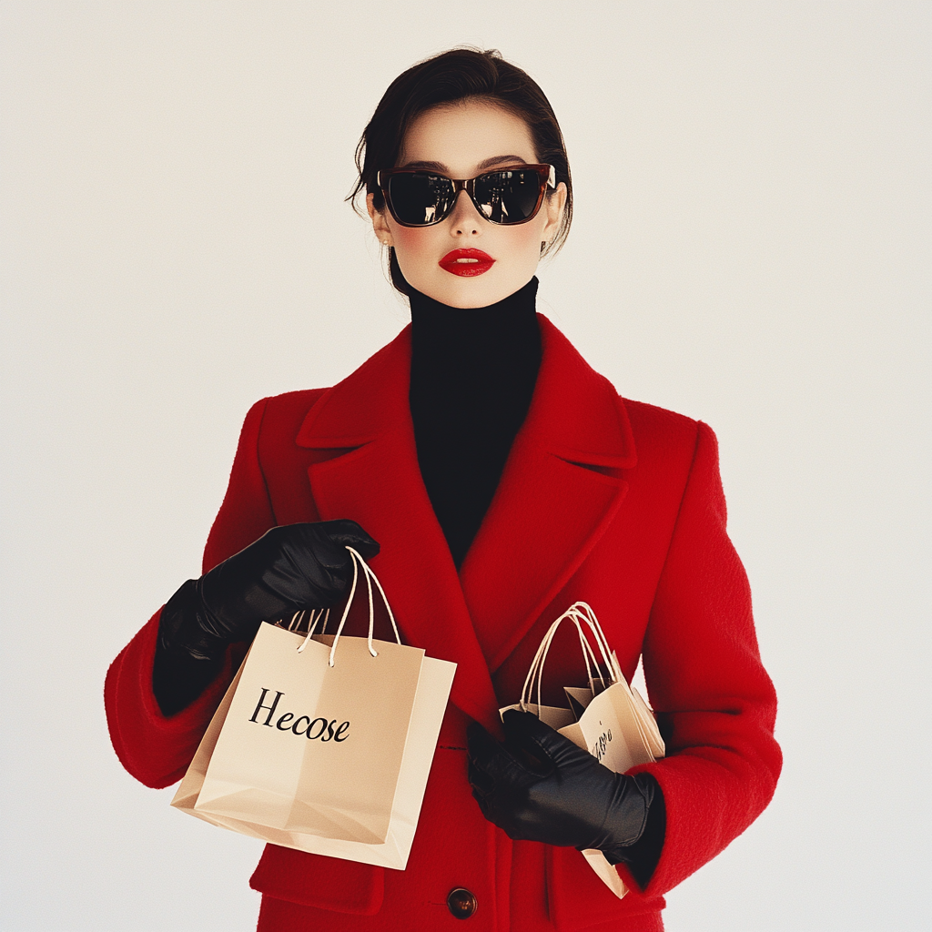 Fashionable woman in red coat holding 'Heloise' shopping bags.