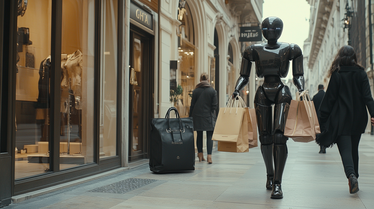 Fashionable woman shopping with robot carrying designer bags, Milan.