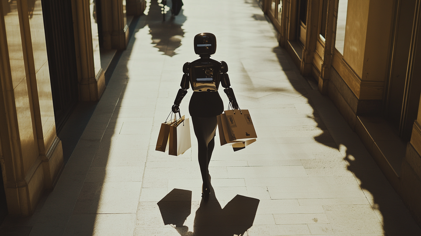 Fashionable woman shopping with robot in high-end district.