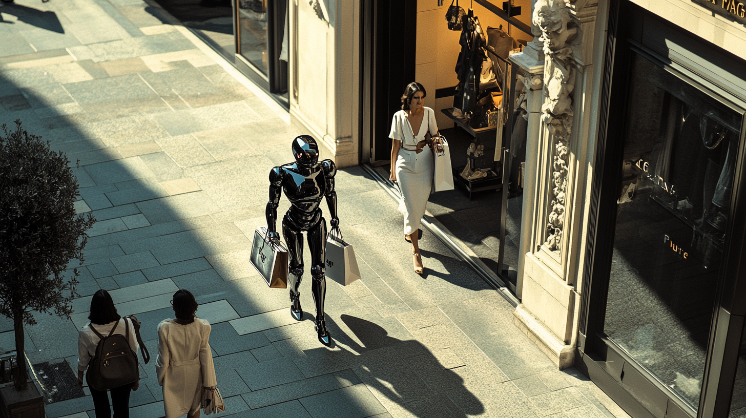 Fashionable woman with robot and luxury shopping bags on sidewalk.