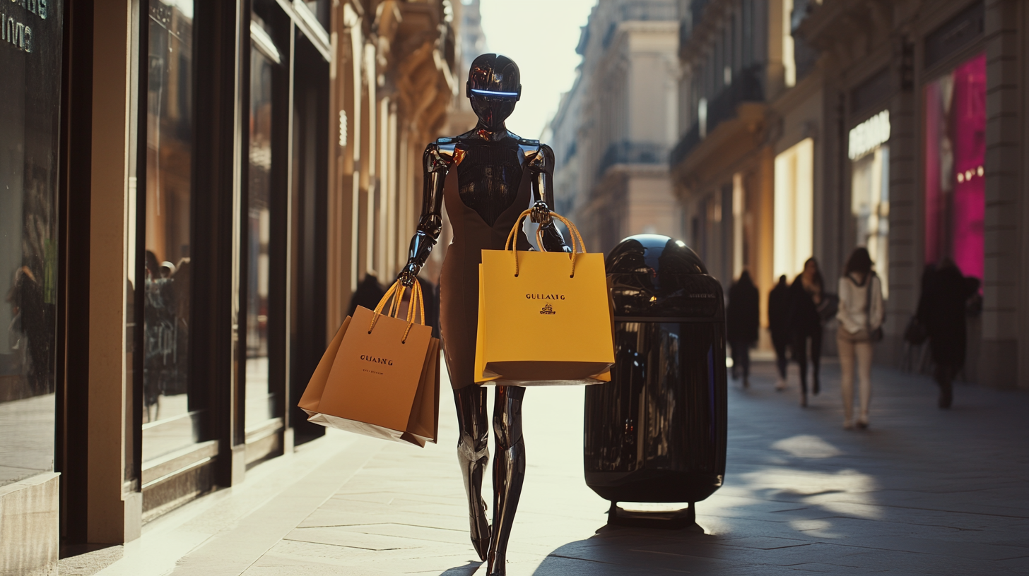 Fashionable woman with robot carrying luxury shopping bags walking.