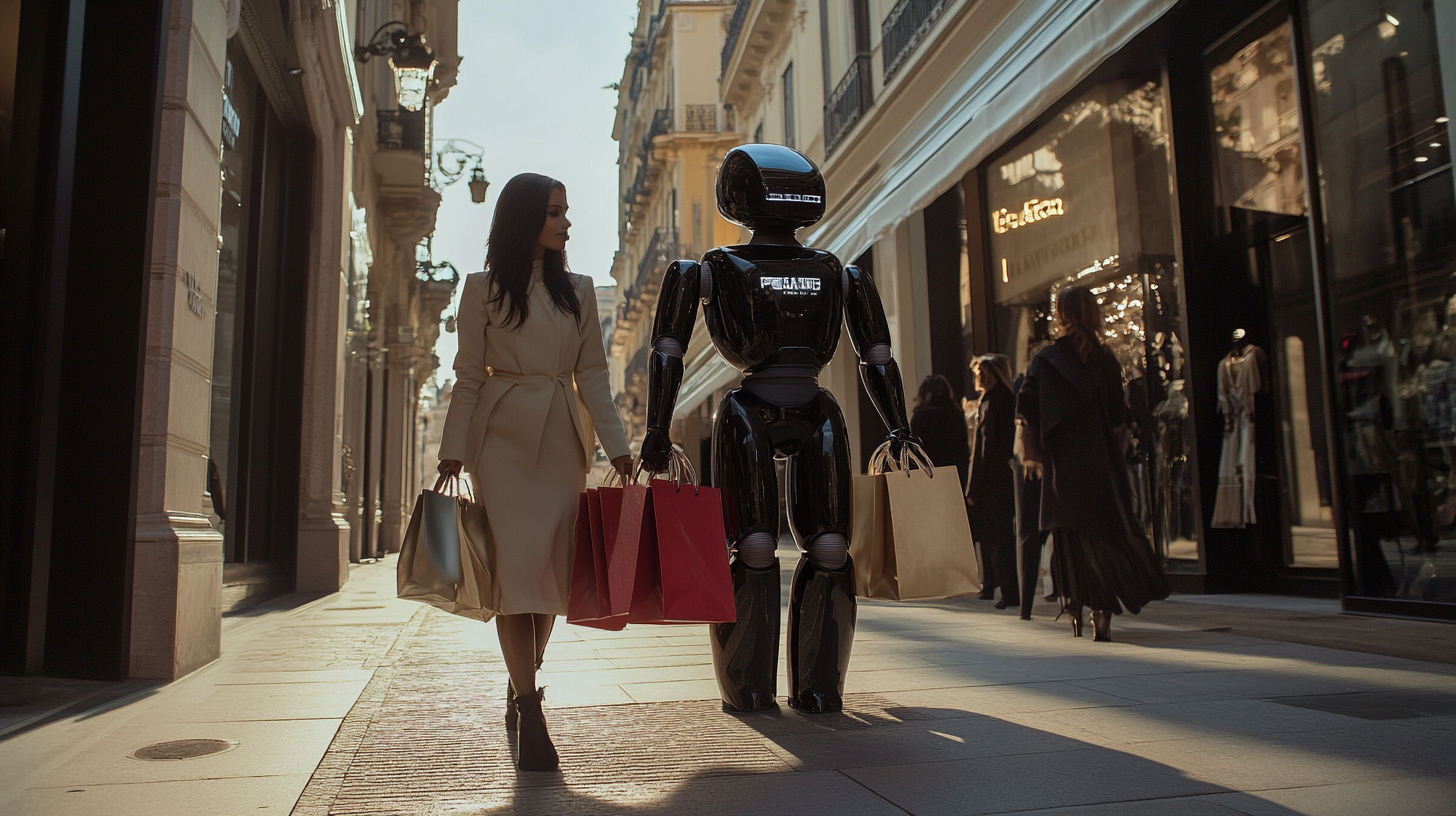 Fashionista woman and black robot shopping in luxury boutiques.