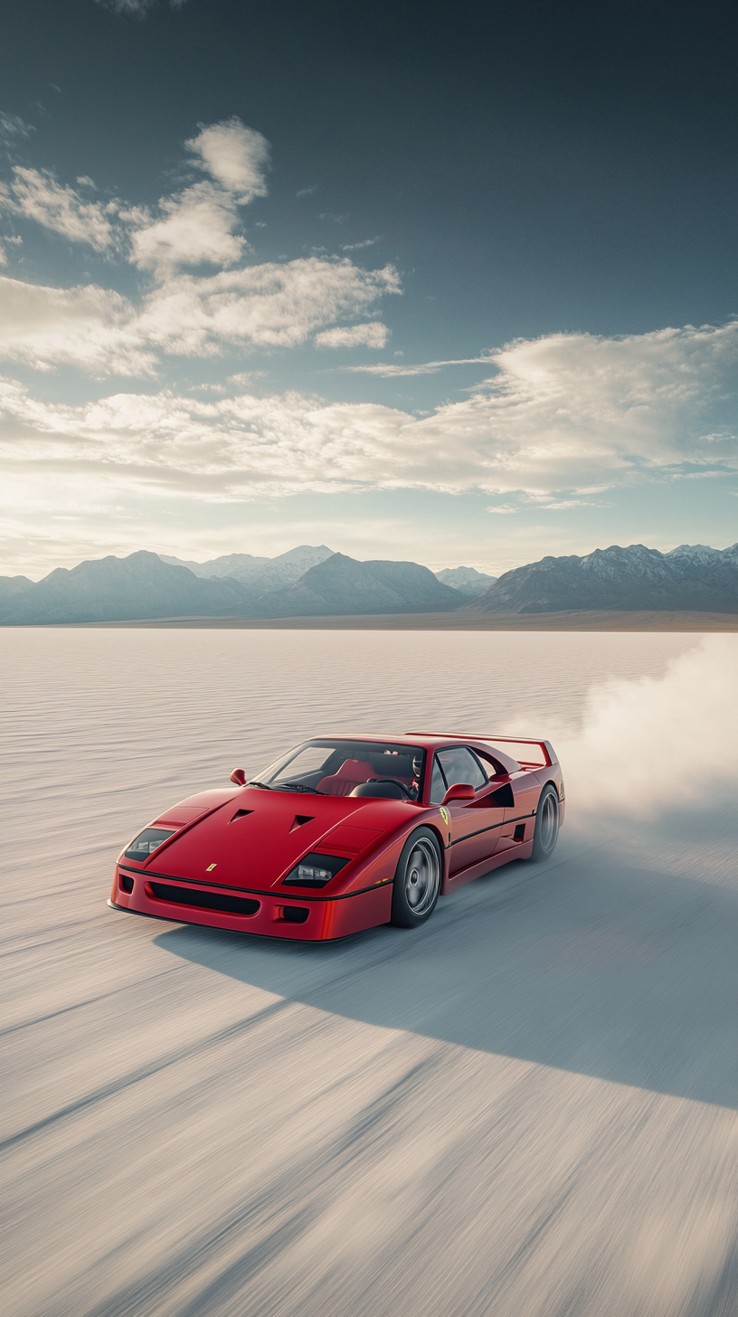 Fast Ferrari F40 speeds through salt flats at sunrise.