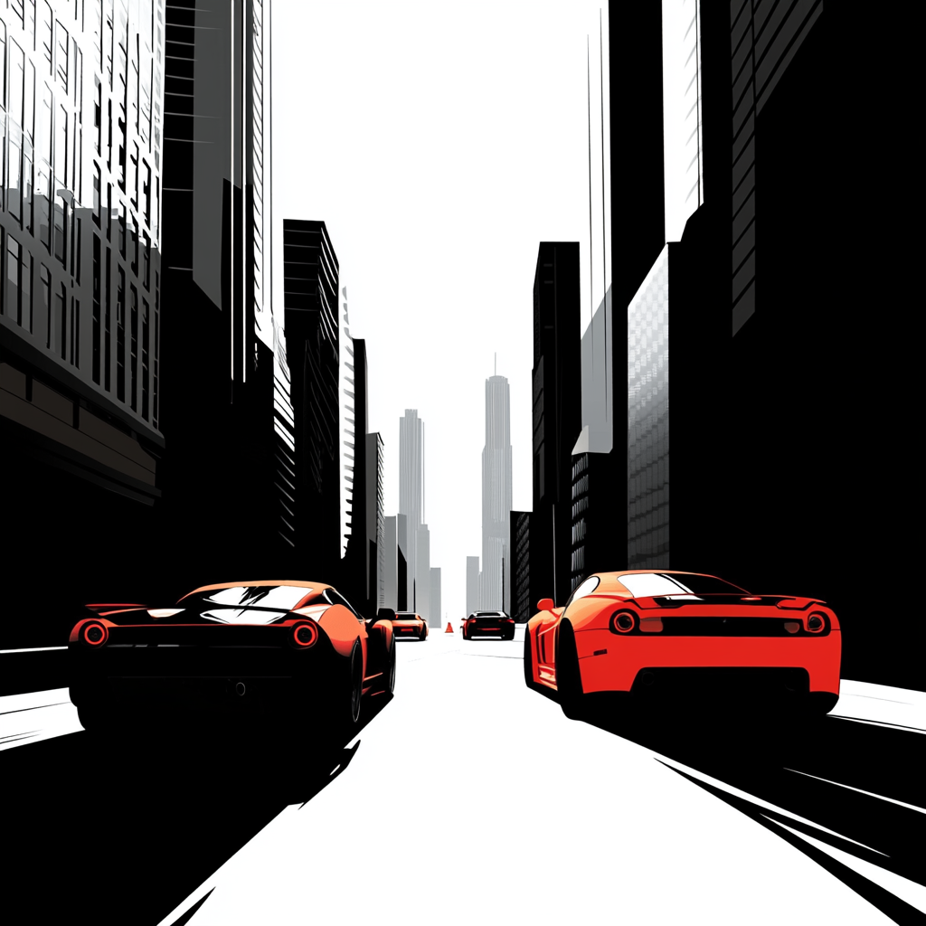 Fast cars racing in city street, vector illustration